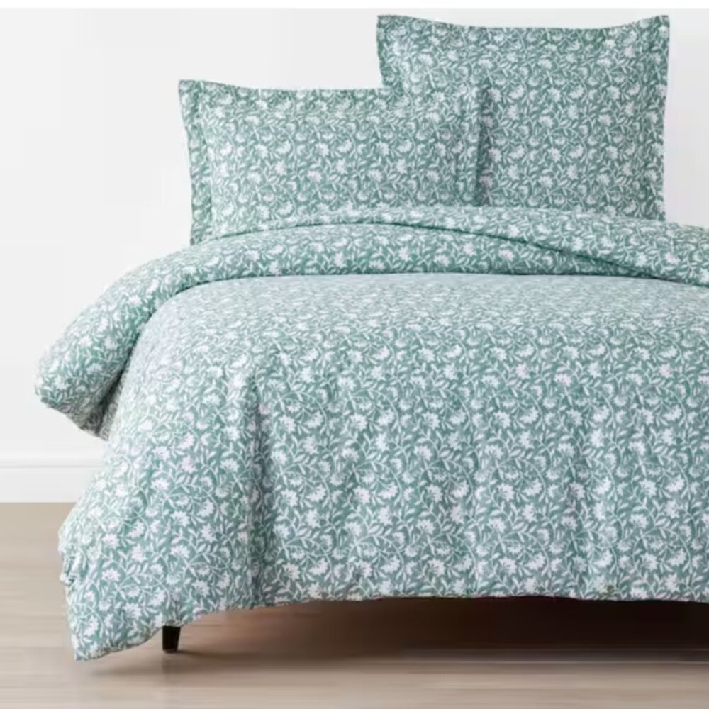 The Company Store Company Cotton Ellary Vine Green Multi Queen Duvet Cover- New!